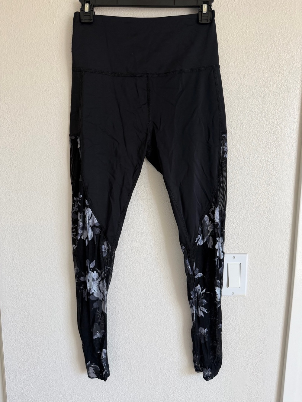 Beyond Yoga Black Leggings with Gray Floral Mesh Panels
